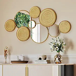 Uniclinens Modern Gold Round Mirror Decor - Large Mirror for Living Room, Boho Wall Art Sculptures for Dining Room, Entryway, Hallway, Bedroom,45"X23"