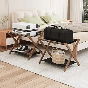 Smuxee Walnut Bamboo Luggage Rack Pack of 2, Foldable Suitcase Stand with Storage Shelf, Easily Assembled Luggage Stand with 5 Nylon-Straps for Guest Room Hotel Bedroom