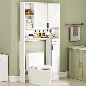 GOODONE White Over The Toilet Storage Cabinet - with 3 Doors and Toilet Paper Holder Stand, FreeStanding, for Bathroom, Restroom, Laundry