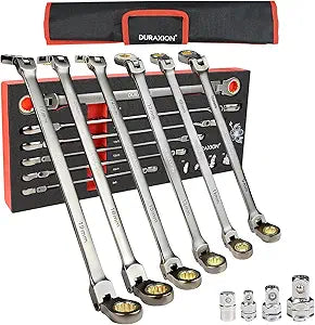 Extra Long Flex Head Ratcheting Wrench Set 6PCS Metric (8-19mm)Double Box End Wrench Set 180 Flexible Head CR-V Steel for Tight Engine Bays, with 4PCS Socket Wrench Adapters & Pouch