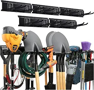 Garage Tool Organizer Wall Mount 80 Inch, Heavy Duty Tool Rack with 5 Racks & 10 Adjustable Hooks, Wall Mounted Garden Tool Storage for Garage, Shed, Holds Shovels, Brooms & Power Tools