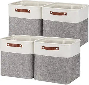 Temary 12 Inch Storage Baskets Foldable Fabric Storage Cubes 4PCs Storage Bins Organizer with Handles, Baskets for Organizing Clothes, Towels (White & Grey, 12 x 12 x 12)