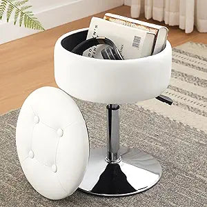 Vanity Chair with Storage Adjustable Vanity Stool for Vanity Vanity Stool Chair for Makeup Room Ottoman Chrome Base White