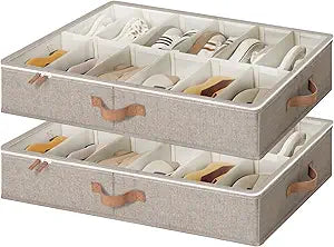 StorageWorks Shoe Organizer for Closet, Fits up to 24 Pairs, 2-Pack Ultra-thick Fabric Under Bed Shoe Storage Containers with Bottom Support and Adjustable Dividers, Taupe
