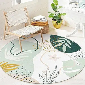Lahome Boho Round Rugs - 4Ft Washable Non-Slip Small Round Area Rug Throw Soft Cute Round Nursery Rug Non-Shed Lightweight Bathroom Rug, Green Botanical Print Circle Rug for Bedroom Dorm Kids Room
