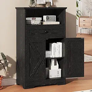 Floor Cabinet, Farmhouse Storage Cabinet with Barn Doors and Drawer, Freestanding Adjustable Shelf Organizer for Bathroom, Kitchen, Living Room Black