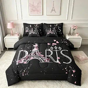 Feelyou Eiffel Tower 7 PCS Comforter Set with Sheets Chic Paris 7 Pieces Bed in a Bag Set Romantic Theme Bed in a Bag for Boys Girls Black Pink Modern French Style Comforter Set with Sheets Queen Size