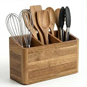 Dstuff Large Kitchen Utensil Holder Organizer for Counter or Countertop, Large Wooden Utensil Holder for Storage Cooking and Silverware with 3 Compartment, Acacia Rustic Wood Container Extra Large
