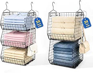 5 Tier Metal Hanging Closet Organizer with 2 Extra Tall Storage Baskets & 3 Standard Wire Baskets, Heavy Duty Foldable Closet Organizer with SnagFree Liners for Clothes, Jeans, Handbags, Hats