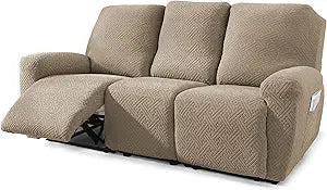 NORTHERN BROTHERS Reclining Sofa Cover, Stretch Sofa Slipcovers That Stay in Place, 8 Piece Jacquard Furniture Protector for 3 Seater for Kids, Khaki