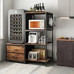 Mini Fridge Stand with Adjustable Shelf, Power Outlet & Storage, Kitchen Organizer for Microwave, Coffee Bar, Dorm, Office (Brown)