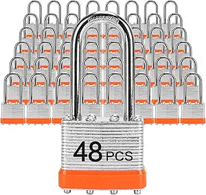 Padlocks with Same Key, LQYN 48 Pcs Laminated Keyed Padlock (1-9/16", 40mm),Keyed Alike Locks,Long Shackle,for Storage Locker,Hasp Latch,Toolbox,Sheds