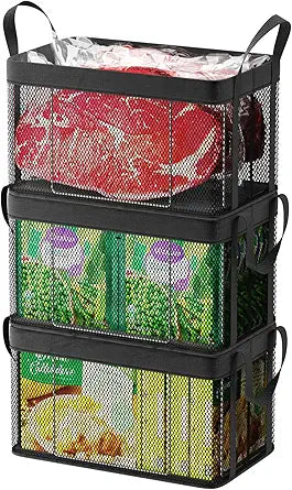 iSPECLE Freezer Organizer Bins, 3 Pack 15" Large Stackable Deep Freezer Organizer Bins for 5 to 7 Cu.Ft Chest Freezer, Sturdy Fabric & Stainless Steel for Meat & Vegetables, Easy Access, Black