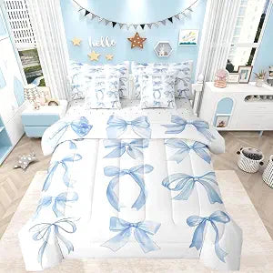 Feelyou Bowknot Comforter Set with Sheets Queen Size Watercolor Bow Bed in a Bag for Boys Girls Teens Cartoon Bowknot 7 Pieces Bedding Set Dreamy Princess Style Bed Set Sky Blue