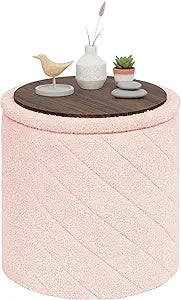 PINPLUS Ottoman with Stroage Round Boucle Ottoman and Tray Sherpa Removable Foot Stool Coffee Table for Dorm, Living Room Pink, 16.9"x16.9"x17.7"