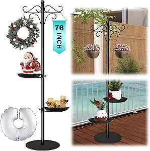 76" Thicken Shepherds Hooks for Outdoor - Double Shepherd Hooks for Outside with 2 Stands, Bird Feeder Pole with a Flat Base for Deck, Plant Stand Indoor, Wreath and Wind Chimes Hanger