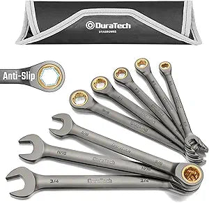DURATECH Anti-Slip Ratcheting Wrench Set, Combination Wrench Set, 8-piece, SAE 5/16" to 3/4", 72-Tooth, Nickel Plating, CR-V Steel, with Pouch