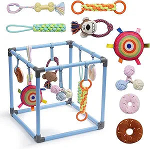Nocciola Puppy Play Gym with 8 Hanging Toys, Indoor Jungle Gym Activities Center Playground for Puppies, Squeaky Plush Stuffed Dog Toys & Bonus Poop Bags, Pet Gifts for Dog Owners
