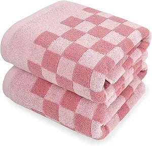 Jacquotha Pink Checkered Bath Towels for Bathroom Beach Pool, 2-Piece Quick Dry Soft Cotton Towels for Her Women Girls, 27.5x55 Inches