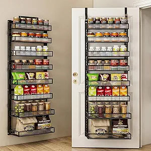 Over the Door Pantry Organizer 8 Tier Hanging Door or Wall Mounted Spice Rack with Adjustable Acylic Basket,Heavy Duty Metal Seasoning Storage Shelf for Kitchen Pantry and Bathroom