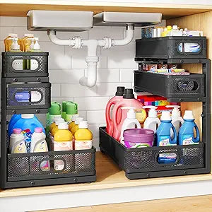 Under Sink Organizer, 2-Pack 3-Tier Thickened Metal Pull out Cabinet Organizer Shelf, Height Adjustable Slide out Storage Drawer Rack for Kitchen Bathroom Pantry Laundry Home Office Organization