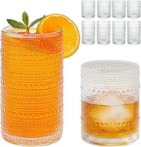 Vintage Hobnail Drinking Glasses Set of 8, 12 oz & 16 oz Highball Glasses, Clear Embossed Tumbler Cups, Kitchen & Bar Drinkware for Cocktail, Iced Coffee, Beer, Whiskey, Juice and Water