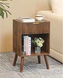 Fultyle Mid Century Modern Nightstand, Wood Bedside Table with Drawer and Open Storage, End Table Living Room Fluted Night Stand with Solid Wood Legs for Bedroom (Rustic Brown)