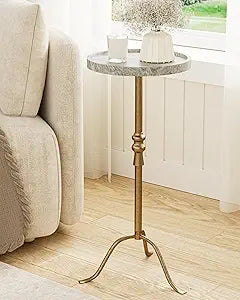 Brass Distressed Iron Round Pedestal End Table, 25 Inch Vintage Martini Cocktail Accent Table with Tray Top for Living Room, Bedroom (Grey Marble)