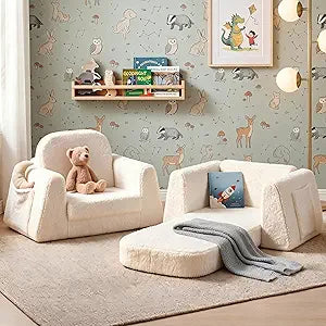 BanaSuper Extra Wide Kids Sofa for Toddlers, Stable 2-in-1 Convertible Foam Couch, Fold-Out Toddler Chair with Wide Base, Sherpa Kids Reading Chair, Comfy Sofa Bed for Children Age 3-8, Beige Cream