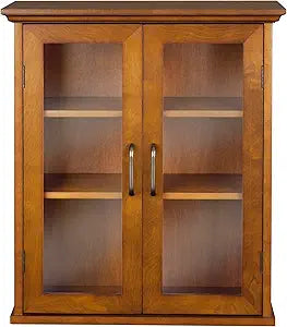 Teamson Home Avery Wooden Over The Toilet Bathroom Removable Wall Medicine Cabinet with 2 Adjustable Shelves 3 Storage Spaces 2 Glass-Paneled Doors and Antique Brass Knobs, Oiled Oak