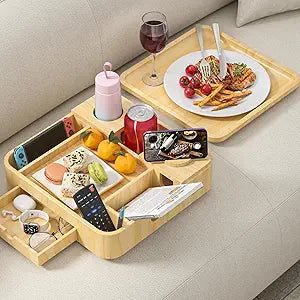 Couch Cup Holder, Couch Tray Cup Holder Sofa Tray, Large Capacity 2-Tier Wooden Trays with Drawer for Sofa, Bed, Picnic, Drinks, Snacks, Remote, Cell Phone, Headphones (Solid Pine Wood)12.5*12.5 in