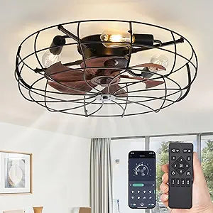 LEDIARY 23 Inch Large Caged Ceiling Fan with Light, Flush Mount Low Profile with Remote Control, Farmhouse Industrial Bladeless Fan Light for Bedroom, Kitchen, Indoor