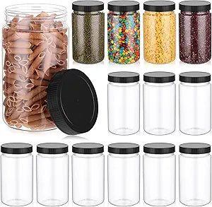 Eaasty 15 Pack 32 oz Plastic Jars with Lids Clear Mason Jars Large Storage Container Wide Mouth Empty Bulk for Home Food Candy Organizing Kitchen(Black)