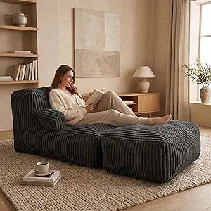Bean Bag Chair - Plush Faux Fur Floor Seating Furniture Bean Bag Chair for Living Room, Bedroom, Playroom (6FT Stripe Black with Armrests & Footrest)