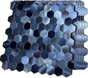 XUANINY 5-Metal Peel and Stick Backsplash Tiles, Aluminum Mosaic Sticker for Kitchen Wall Decor Hexagon Design Frosted 3D Wall Sticker(11.02"x11.5") (Dark Blue)