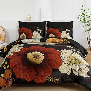 Xruibed Black Floral Comforter Set Queen Size 7 Pieces Bed in a Bag Flower Bedding Sets Lightweight Boho Bed Set with Sheet,Pillowcases&Shams for All Season
