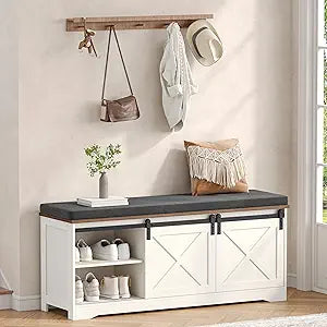 Farmhouse Storage Bench with Cushion, 47.2" Shoe Bench with Slide Barn Doors and Adjustable Shelves, Entryway Bench with Storage for Bedroom, Closet, Living Room, Hallway, White