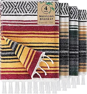 Oudain 4 Pack Mexican Blankets 45 x 70 Inch Cotton Woven Serape Throw Blanket, Baja Yoga Blanket for Beach Picnic Camping Boho Couch Decor Travel Outdoor (Fall Color)
