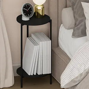 Furinno BESI Night Stand, 2-Tier Tall Round Nightstand, Metal Frame Narrow End Table with Open Shelf, Side Table, Bedside Table, for Bedroom, Closet, Dorm, Americano