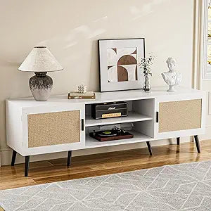 ZttRiee TV Stand for TVs up to 65'', Mid Century Modern Entertainment Center with Rattan Door, Shelves & 2 Cabinets, Boho Media TV Console for Living Room, Bedroom, White