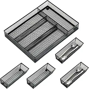 Neudeco Drawer Organizer Set 5 Pack - 4-Compartment Silverware Organizer Tray + 4 Utensil Trays, Kitchen Drawer Organizer for Flatware, Cutlery, Office Supplies, Black Mesh, Non-Slip.