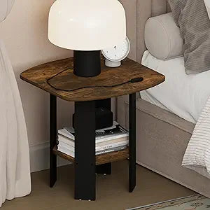 Furinno TIDUR Night Stand, 2-Tier Open Shelf Design Nightstand with Storage, Round Corner Bedside Table, End Table, Side Table, for Bedroom, Closet, Dorm, Amber Pine