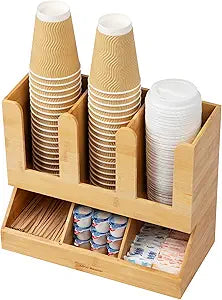 Mind Reader Cup and Condiment Station, Countertop Organizer, Coffee Bar, Kitchen, Bamboo, 13.625"L x 6.75"W x 11.5"H, Brown