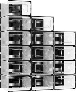 Foluck X-Large Shoe Storage Box, 15 Pack Clear Plastic Stackable Shoe Organizer for Closet, Interlocking Design Shoe Container Bins for Sneakers, Foldable Shoe Rack with Lids, Black