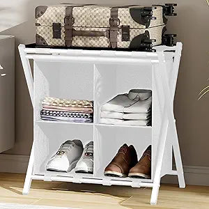 Huhote Luggage Rack for Guest Room, Folding Suitcase Stand with Fabric Storage Shelf, Luggage Holder, Steel Foldable Luggage Stand for Guest Room, Bedroom, Hotel, White