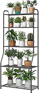 Simple Trending Plant Stand 5-Tier Plant Shelf for Indoor Outdoor, Waterproof Metal Tall Plant Stand for Living Room Bathroom Balcony Garden, Black