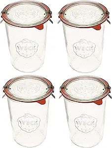 Weck Canning Jars - 743ml Transparent Glass Food Storage Containers with Airtight Lids - 3/4 Liter Tall Jars Set of 4