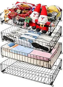 4 PACK Under bed Storage Containers With Wheels,Under bed Basket,Rolling Under Bed Drawer Organizer For Shoes Clothes Books Toys Blankets,
