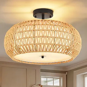 ZECOXOL Flush Mount Ceiling Light Fixture 15.8",Boho Chandelier Light Fixture Hand Woven Wicker Ceiling Light Fixtures Flush Mount for Hallway Bedroom Kitchen Entryway Living Room Island
