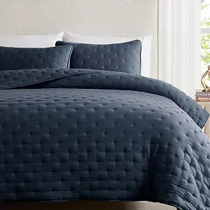 WDCOZY Navy Blue Cloud Queen Size Quilt Set, Tan Lightweight Farmhouse Bedspread, Rustic Country Coverlet, Taupe Camel Soft Bedding, Thin Comforter for All Season - 3 Pieces, 90x90 inches